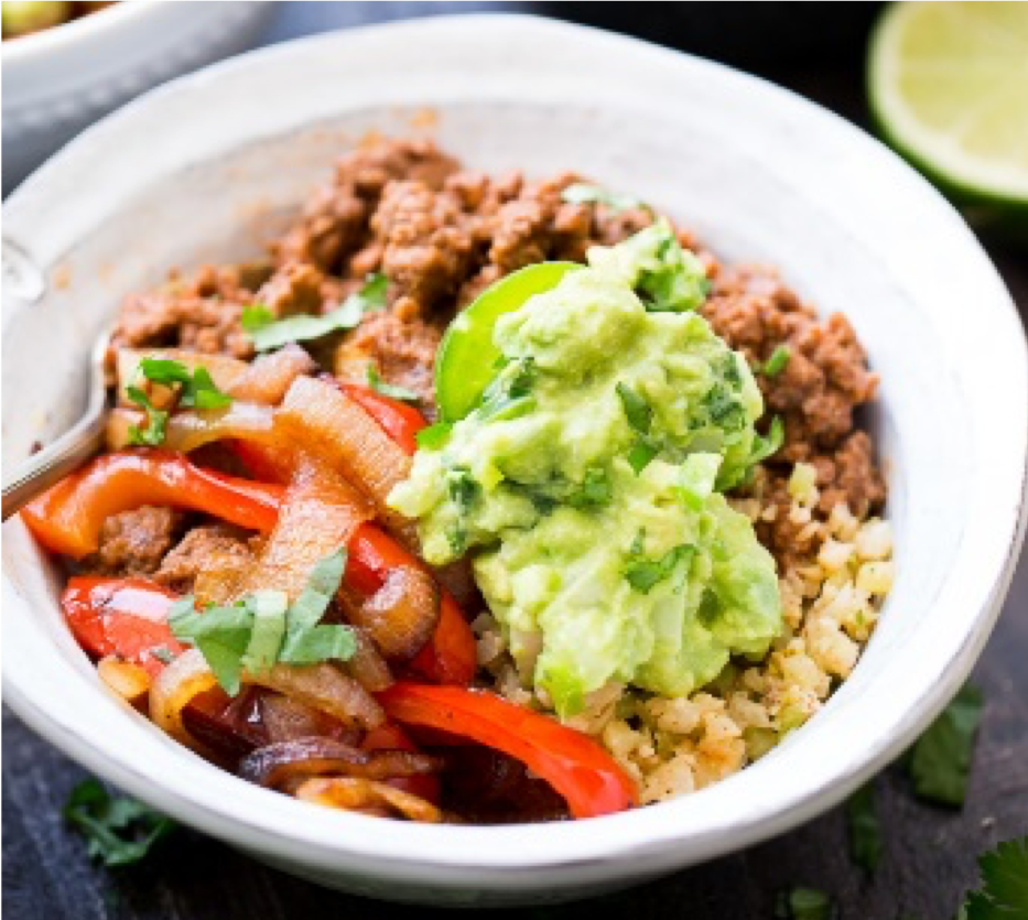 Naked beef burrito bowls with beans, corn, capsicum and brown rice